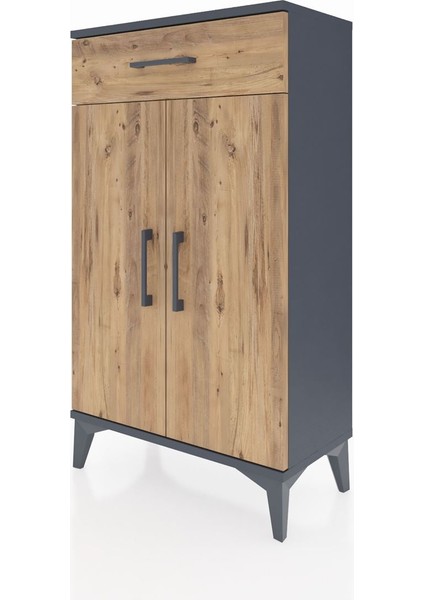 Arges Komodin 2 Raflı Tek Çekmeceli 2 Kapaklı 60X30X106 Antrasit-Çam indirimleri