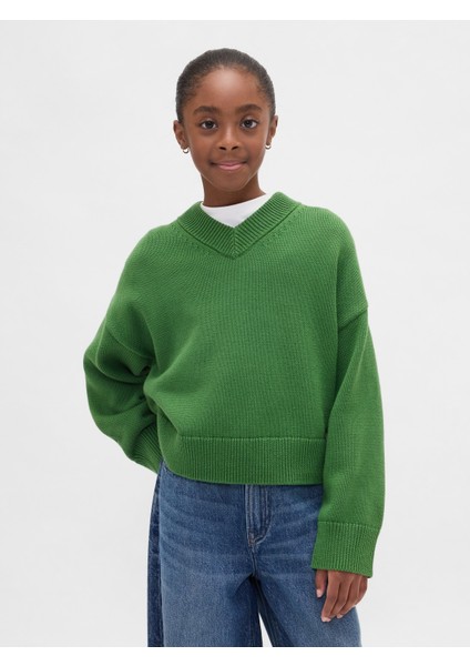 Kız Çocuk Yeşil Boxy V Yaka Kazak