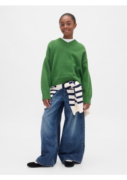 Kız Çocuk Yeşil Boxy V Yaka Kazak modelleri