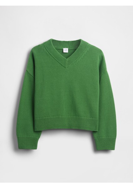 Kız Çocuk Yeşil Boxy V Yaka Kazak indirimleri