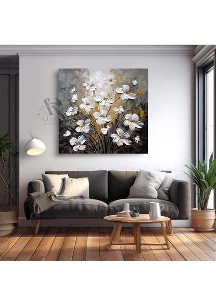 Kanvas Tablo Beyaz Çiçeklerin Büyülü Gösterisi Yağlı Boya Görünümlü Dekoratif Kanvas Tablo 70 x 70
