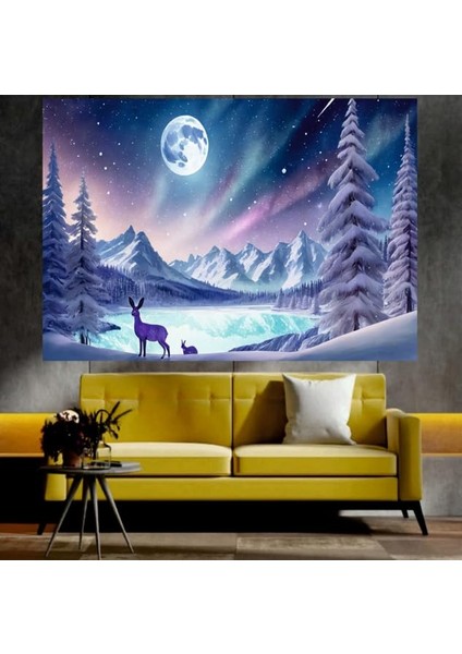 Geyik ve Karlı Orman Manzaralı Sanatsal Dekoratif Duvar Tablosu (50X70 Cm)