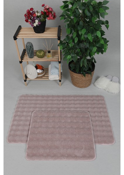 Yumuşak Peluş Kaymaz Banyo Paspası Takımı 2'li, 50X80-50X40CM, Pembe