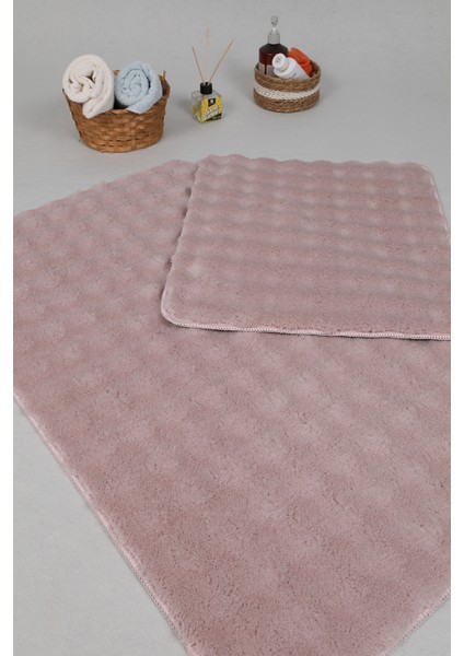 Yumuşak Peluş Kaymaz Banyo Paspası Takımı 2'li, 50X80-50X40CM, Pembe modelleri