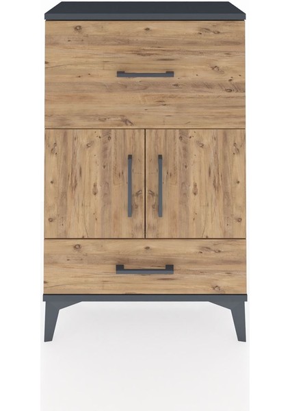 Arges Komodin Tek Raflı 2 Çekmeceli 2 Kapaklı 60X30X96 Antrasit-Çam