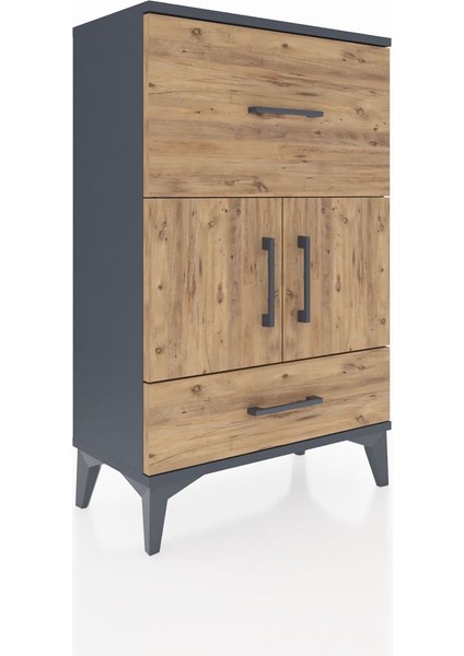 Arges Komodin Tek Raflı 2 Çekmeceli 2 Kapaklı 60X30X96 Antrasit-Çam fiyatları