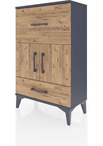 Arges Komodin Tek Raflı 2 Çekmeceli 2 Kapaklı 60X30X96 Antrasit-Çam modelleri