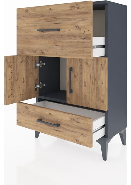 Arges Komodin Tek Raflı 2 Çekmeceli 2 Kapaklı 60X30X96 Antrasit-Çam fırsatları