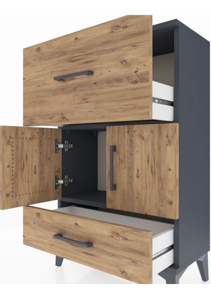 Arges Komodin Tek Raflı 2 Çekmeceli 2 Kapaklı 60X30X96 Antrasit-Çam indirimleri