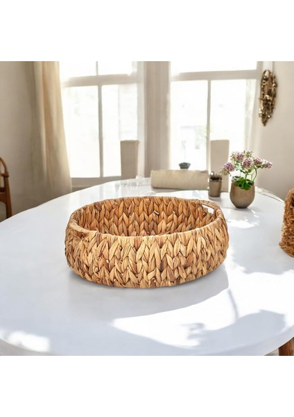 El Yapımı Hasır Dekoratif Yuvarlak Sepet, Hasır Dekoratif Tepsi 3 Model Seçenekli (25 * 10CM) (Küçük Boy)