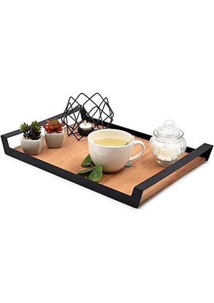 Büyük Ham Renk Servis ve Sunum Tepsisi, Metal Kulplu Ahşap Tepsi - 48,5X32 cm fiyatları