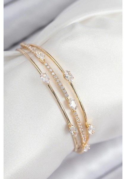 Bfs Pirinç Zirkon Taşlı Su Yolu Model Gold Renk Kadın Bileklik