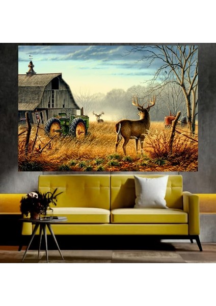 Geyik ve Köy Evi Manzaralı Sanatsal Dekoratif Duvar Tablosu (50X70 Cm)