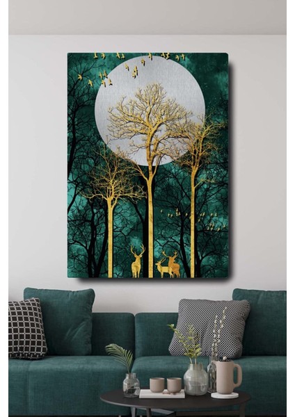 Dekoratif Soyut Altın Geyik Ağaç ve Kuşlar Sürreal Kanvas Duvar Tablosu 70 x 100