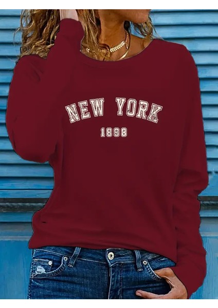 Kadın Uzun Kollu Bisiklet Yaka Yazı Baskılı Viskon Bluz