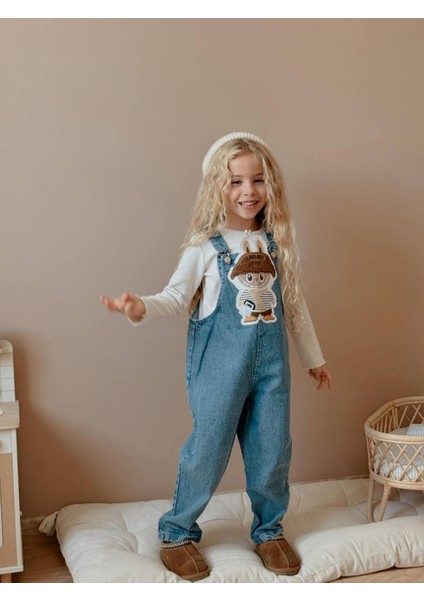 Kız Çocuk Mavi Hayvan Figürlü Kot Jean Kışlık Salopet