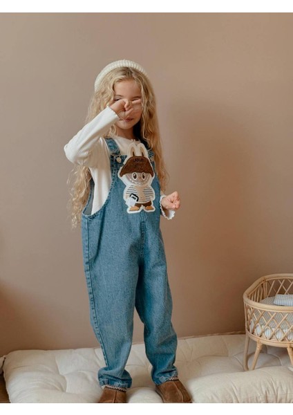 Kız Çocuk Mavi Hayvan Figürlü Kot Jean Kışlık Salopet modelleri