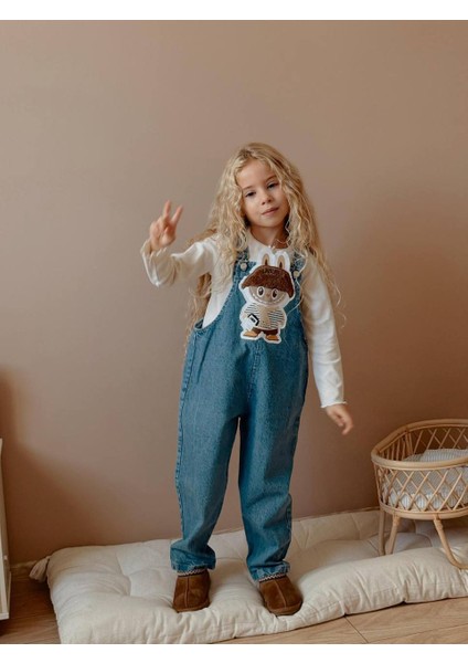 Kız Çocuk Mavi Hayvan Figürlü Kot Jean Kışlık Salopet fırsatları
