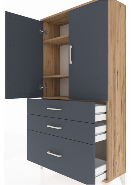 Arges Dolap 3 Raflı 3 Çekmeceli 2 Kapaklı 88X30X163 Çam-Antrasit indirimleri