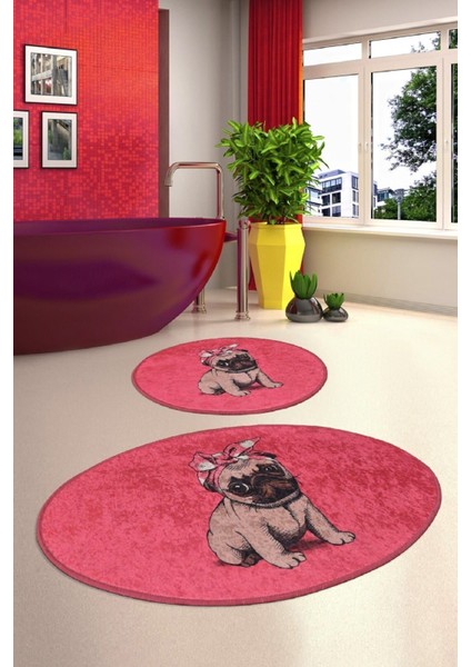 Pembe Pug 2'li Banyo Halısı Seti, Şık ve Konforlu Banyo Dekoru Için Ideal
