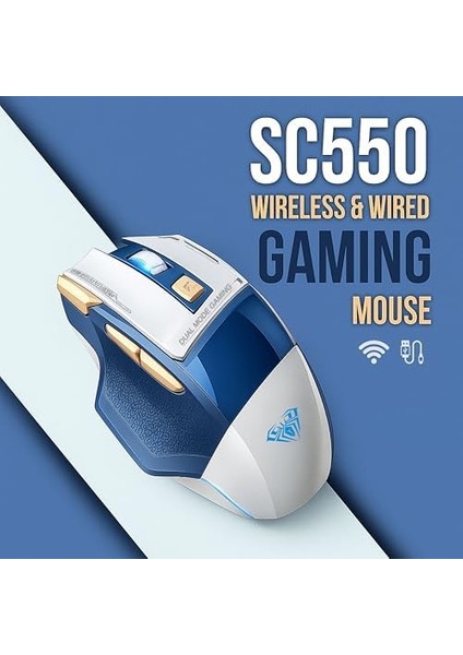 SC550 Çift Modlu 4800DPI 7 Tuşlu Makrolu 2.4ghz Kablosuz ve Kablolu Şarj Edilebilir Optik Rgb Oyuncu Gaming Mouse Mavi modelleri
