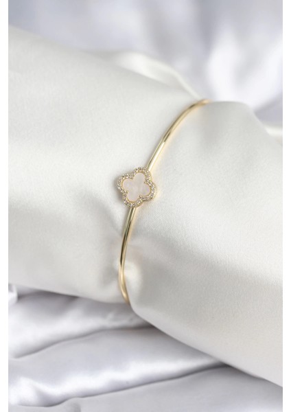 Bfs Beyaz Sedefli Yonca Model Gold Renk Kadın Bileklik