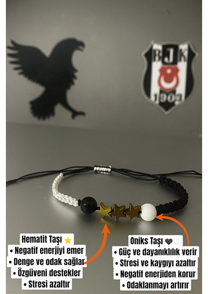Beşiktaş 3 Yıldızlı Oniks ve Hematit Doğal Taş Makrome Taraftar Bileklik – Ayarlanabilir El Yapımı