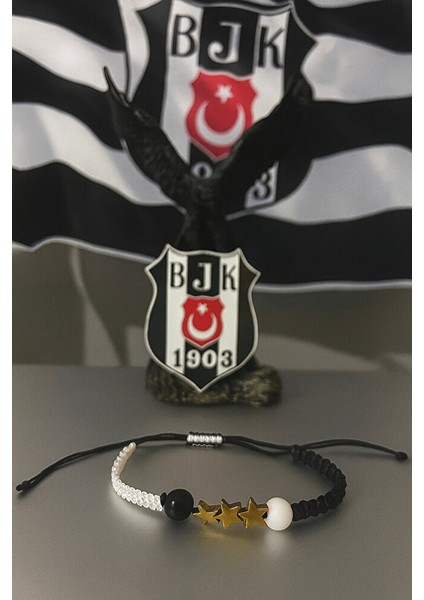 Beşiktaş 3 Yıldızlı Oniks ve Hematit Doğal Taş Makrome Taraftar Bileklik – Ayarlanabilir El Yapımı fırsatları