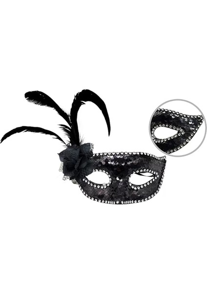 Siyah Renk Yandan Tüylü Güllü Gümüş Taşlı Pullu Maske 20X22 cm (4172)