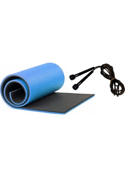 Mavi Siyah Pilates Minderi ve Atlama Ipi - 8 mm Pilates Matı ve Yoga Matı - Çift Taraflı
