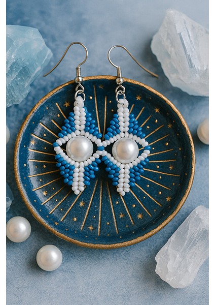 Mavi Beyaz Incili Boncuk Küpe – El Yapımı