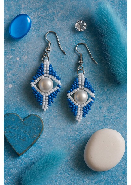 Mavi Beyaz Incili Boncuk Küpe – El Yapımı modelleri