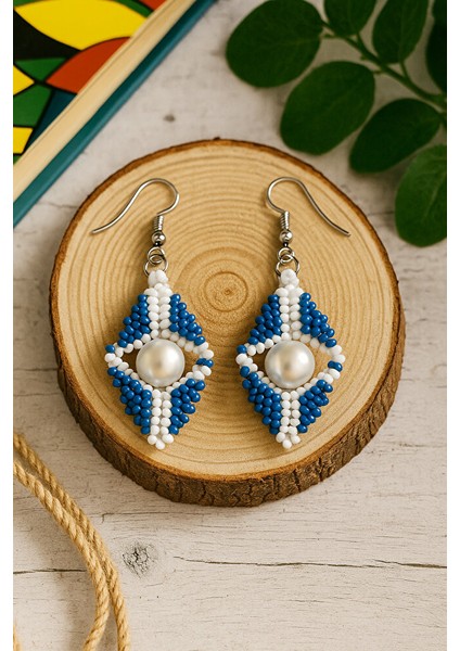 Mavi Beyaz Incili Boncuk Küpe – El Yapımı indirimleri