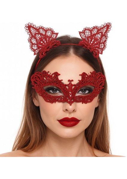 Şık Kırmızı Dantel Maske ve Taç Seti 5 No – Maskeli Balo &amp;amp; Özel Etkinlikler (5067)