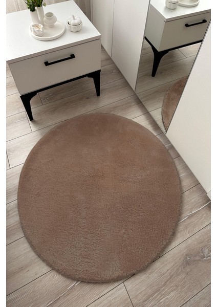 Kahverengi Modern Oval Peluş Halı Yolluk, Kaymaz Taban, Şık ve Dekoratif Tasarım