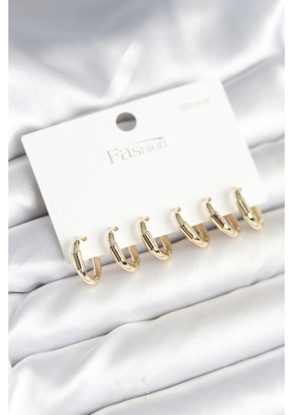 Gold Renk Pirinç Halka Model 925 Ayar Gümüş Çivili Kadın Küpe Seti - EBJ251010W38089