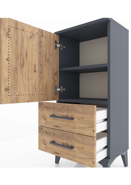 Arges Komodin 2 Raflı 2 Çekmeceli Tek Kapaklı 44X30X96 Antrasit-Çam indirimleri