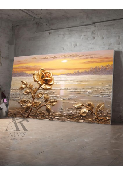 Kanvas Tablo Deniz- Gün Batımı ve Gül Dekoratif Yağlı Boya Görünümlü Kanvas Tablo 35 x 50