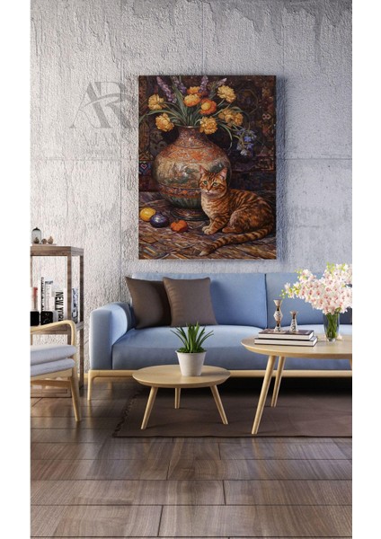 Kanvas Tablo Vazo Kenarında Oturan Kedi Dekoratif Kanvas Tablo 35 x 50
