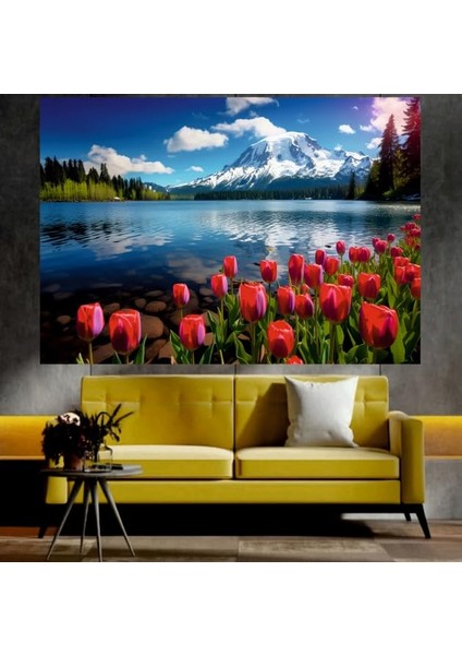 Laleler ve Karlı Dağ Manzaralı Sanatsal Dekoratif Duvar Tablosu (70X100 Cm)