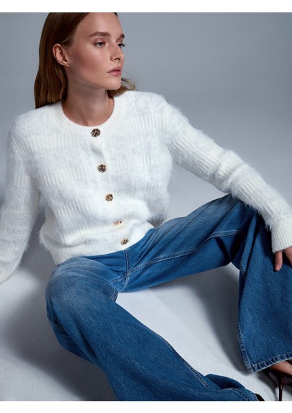 60990 Yün Karışımlı Düğmeli Triko Hırka-Ekru