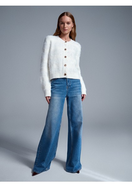 60990 Yün Karışımlı Düğmeli Triko Hırka-Ekru indirimleri