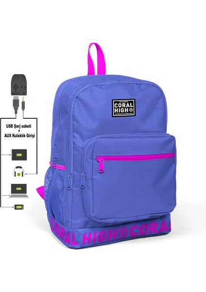 Nakış Logolu USB Şarjlı Kulaklık Çıkışlı Lavanta Sırt Çantası 24106