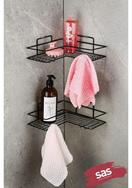 Haus Yapışkanlı Ömür Boyu Paslanmaz Banyo Köşeliği Rafı Banyo Düzenleyici Şampuanlık Raf Siyah