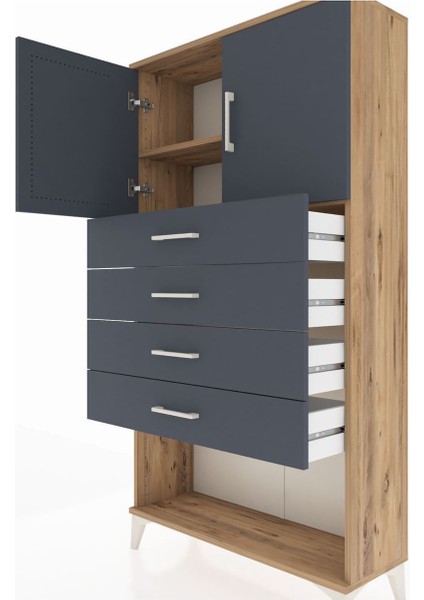 Arges Dolap 2 Raflı 4 Çekmeceli 2 Kapaklı 88X30X163 Çam-Antrasit indirimleri