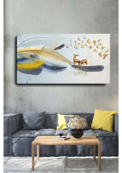 Dekoratif Soyut Altın Geyikli Tüy Sürreal Kanvas Duvar Tablosu 120X60CM