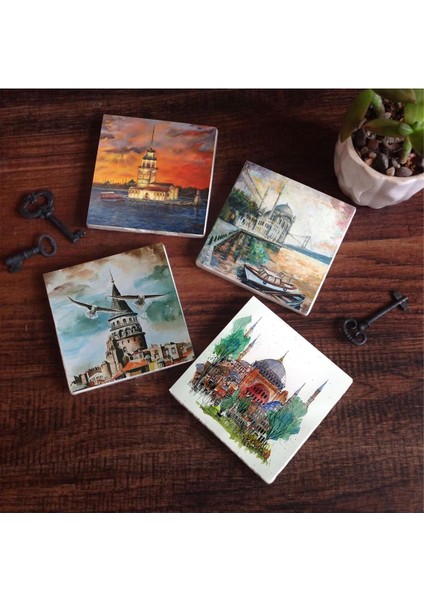 Istanbul Ayasofya, Galata Kulesi, Kız Kulesi, Ortaköy Taş Altlığı Seti - 4 Parça - Dekoratif, Mutfak Aksesuarı, 10X10 Cm, Kaydırmaz Tabanlı, Şık ve Dayanıklı SC105
