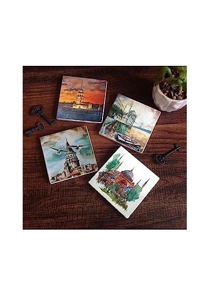 Istanbul Ayasofya, Galata Kulesi, Kız Kulesi, Ortaköy Taş Altlığı Seti - 4 Parça - Dekoratif, Mutfak Aksesuarı, 10X10 Cm, Kaydırmaz Tabanlı, Şık ve Dayanıklı SC105 modelleri