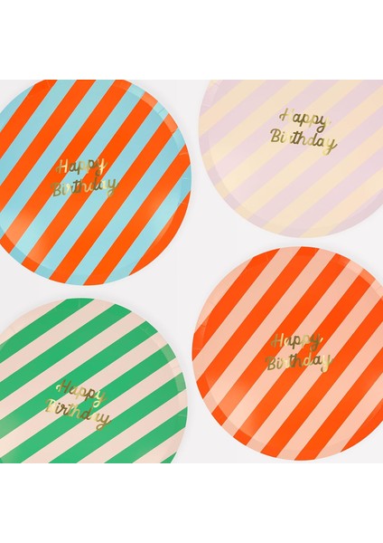 - Stripe Happy Birthday Dinner Plates - Çizgili Happy Birthday Tabaklar (L) (X8)