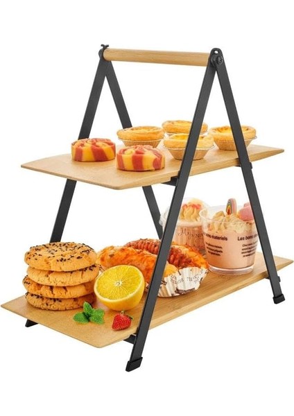 2 Katlı Dikdörtgen Bambu Servis Sunum Seti Büyük Boy, Kuru Pasta, Kurabiye ve Kek Sunumları Için Büyük Boy (34CM-26.5CM-16CM)